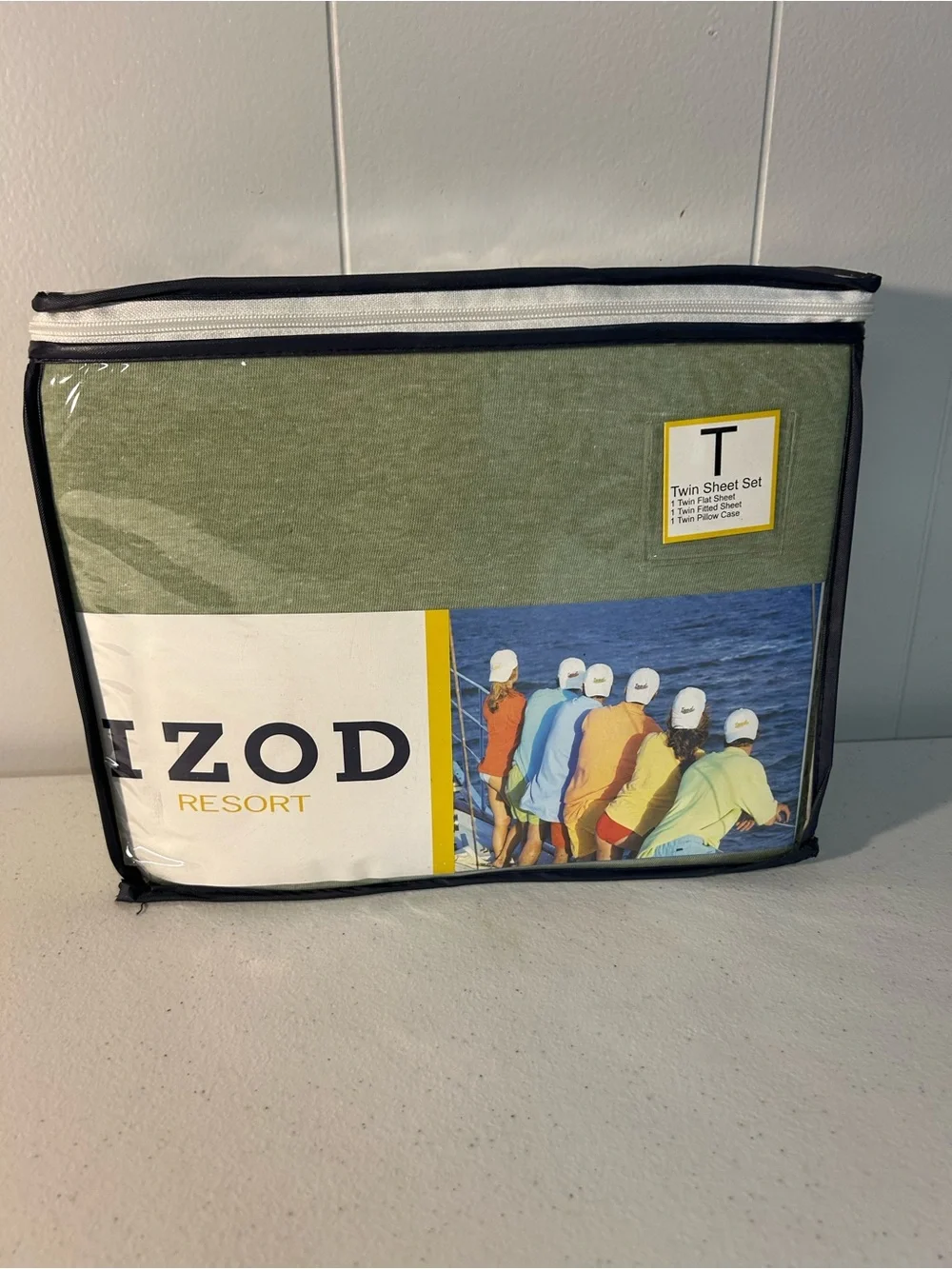 Izod Twin Sheet Set in Olive Green with Navy Trim